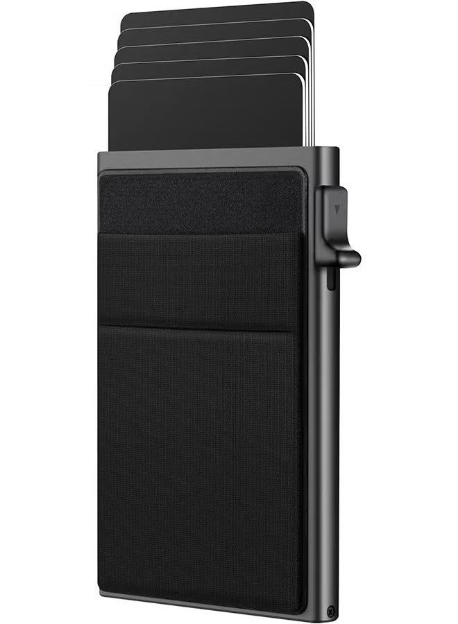 محفظة بطاقات رفيعة من الألومنيوم للرجال [ترقية 2025] محفظة منبثقة بجيب نقود مانعة لتقنية تحديد الهوية بموجات الراديو، تتسع لأكثر من 5 بطاقات بالإضافة إلى النقود (أسود) - Image 1