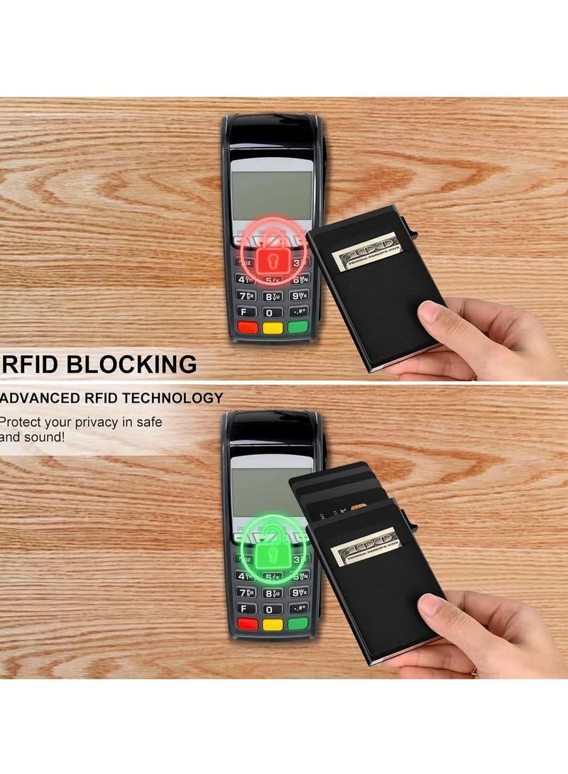 محفظة بطاقات رفيعة من الألومنيوم للرجال [ترقية 2025] محفظة منبثقة بجيب نقود مانعة لتقنية تحديد الهوية بموجات الراديو، تتسع لأكثر من 5 بطاقات بالإضافة إلى النقود (أسود) - Image 3