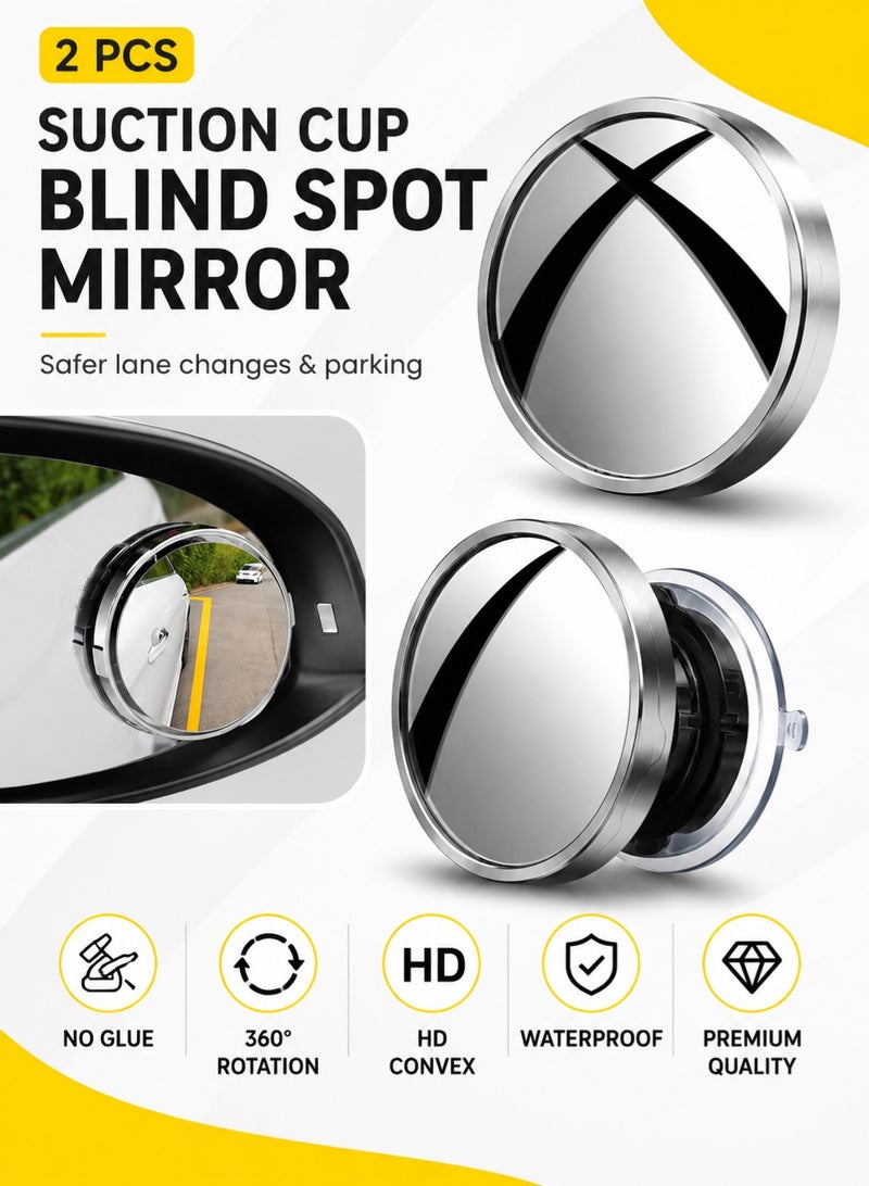 VIUAUAX 2PCS Suction Cup Car Blind Spot Mirror, 360° Rotating HD Convex Wide Angle Side Rear View Mirror, Waterproof Anti-Fog No Glue Auxiliary Mirror for Cars SUVs Trucks Vans, Silver - Image 1