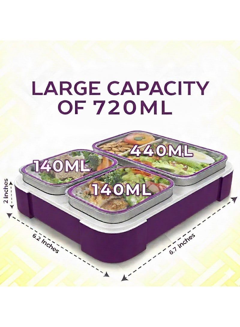 Avrini Stainless Steel Lunch Box for Kids School,Insulated Bento Lunch Box with Tableware & Bag,3 Compartment Divided Lunch Containers with Lids, 720ml - Image 2