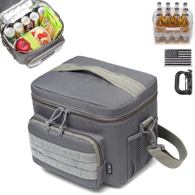 DBTAC Tactical Lunch Bag for Men Women 12 Cans Insulated Lunch Box for Adult  9L Leakproof Lunch Cooler Tote for Work Office Outdoor Travel  Soft Easy To Clean Liner x2 Grey