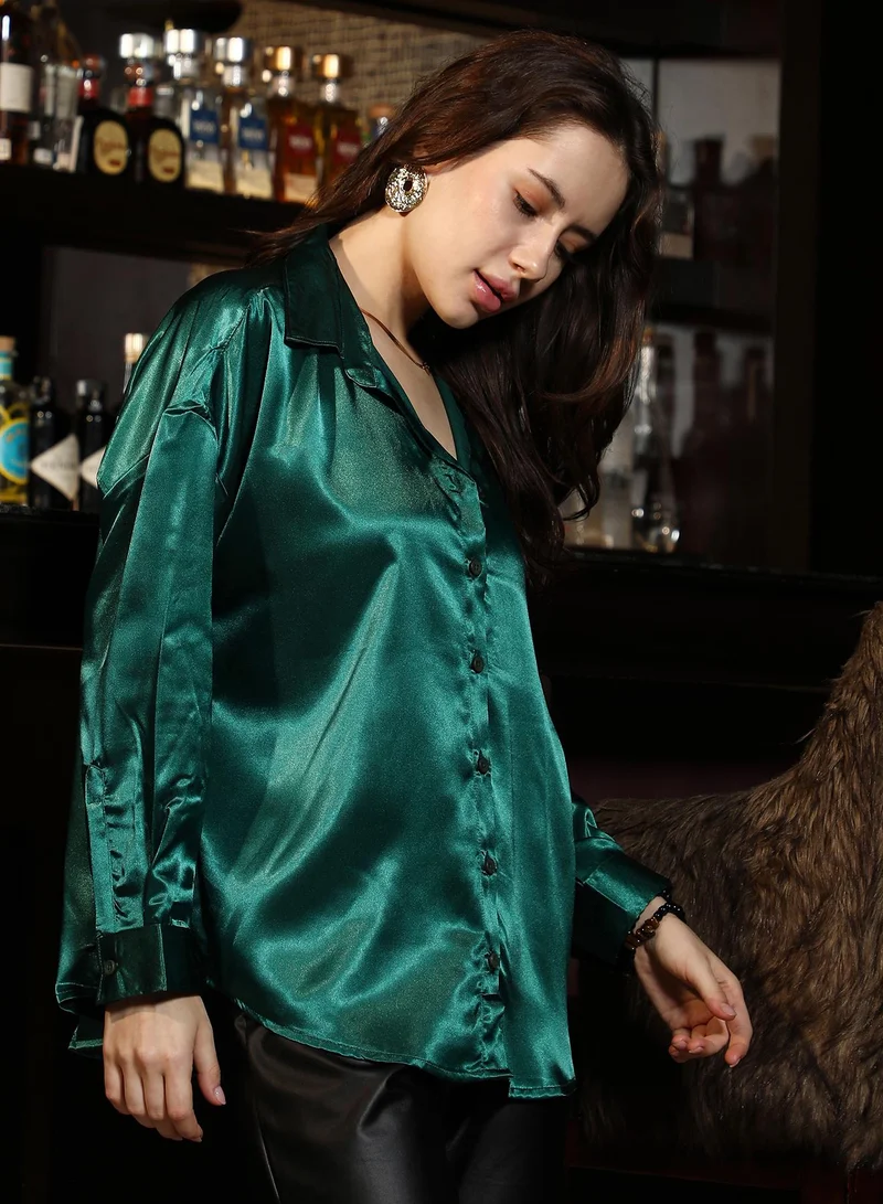Pinacolada  Women's Emerald Green Solid Satin Oversized Shirt  | Best Price UAE