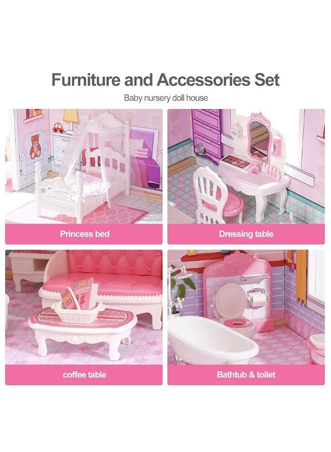 ROBOTIME Wooden Dollhouse Doll Houses Playset with 24 Pcs Furniture for 4 5 6Inch Dolls Dollhouse Gift for 3 Year Old Girls Pink - Image 5