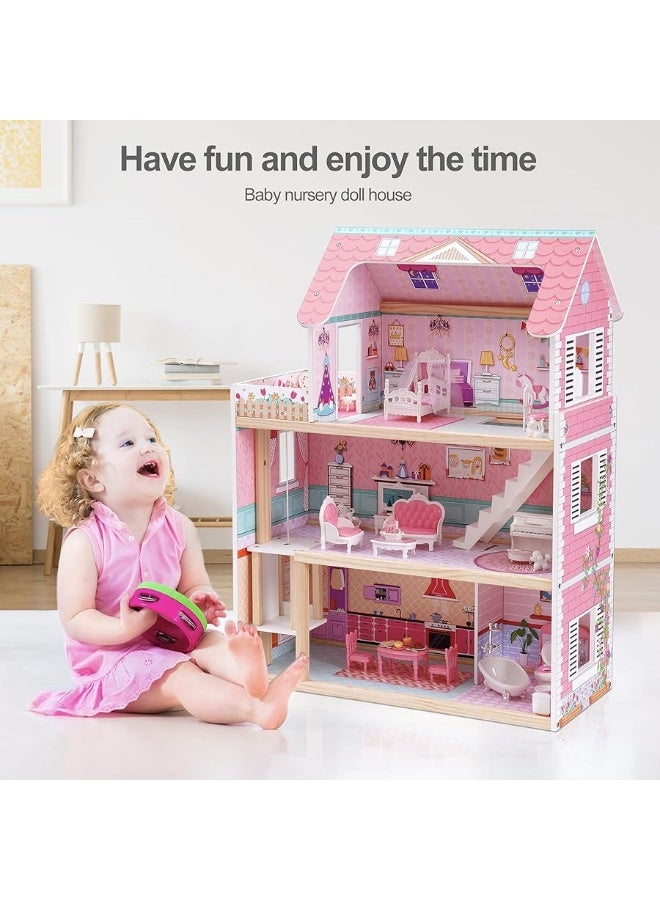 ROBOTIME Wooden Dollhouse Doll Houses Playset with 24 Pcs Furniture for 4 5 6Inch Dolls Dollhouse Gift for 3 Year Old Girls Pink - Image 2