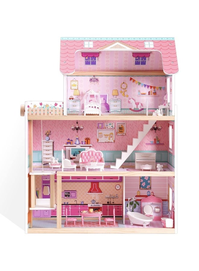 ROBOTIME Wooden Dollhouse Doll Houses Playset with 24 Pcs Furniture for 4 5 6Inch Dolls Dollhouse Gift for 3 Year Old Girls Pink - Image 3