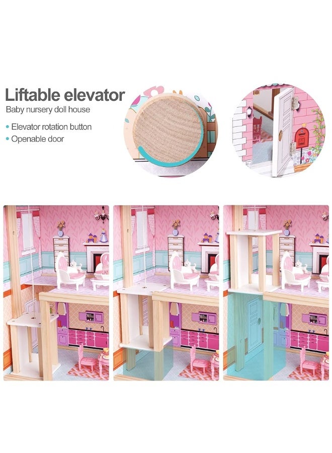 ROBOTIME Wooden Dollhouse Doll Houses Playset with 24 Pcs Furniture for 4 5 6Inch Dolls Dollhouse Gift for 3 Year Old Girls Pink - Image 4