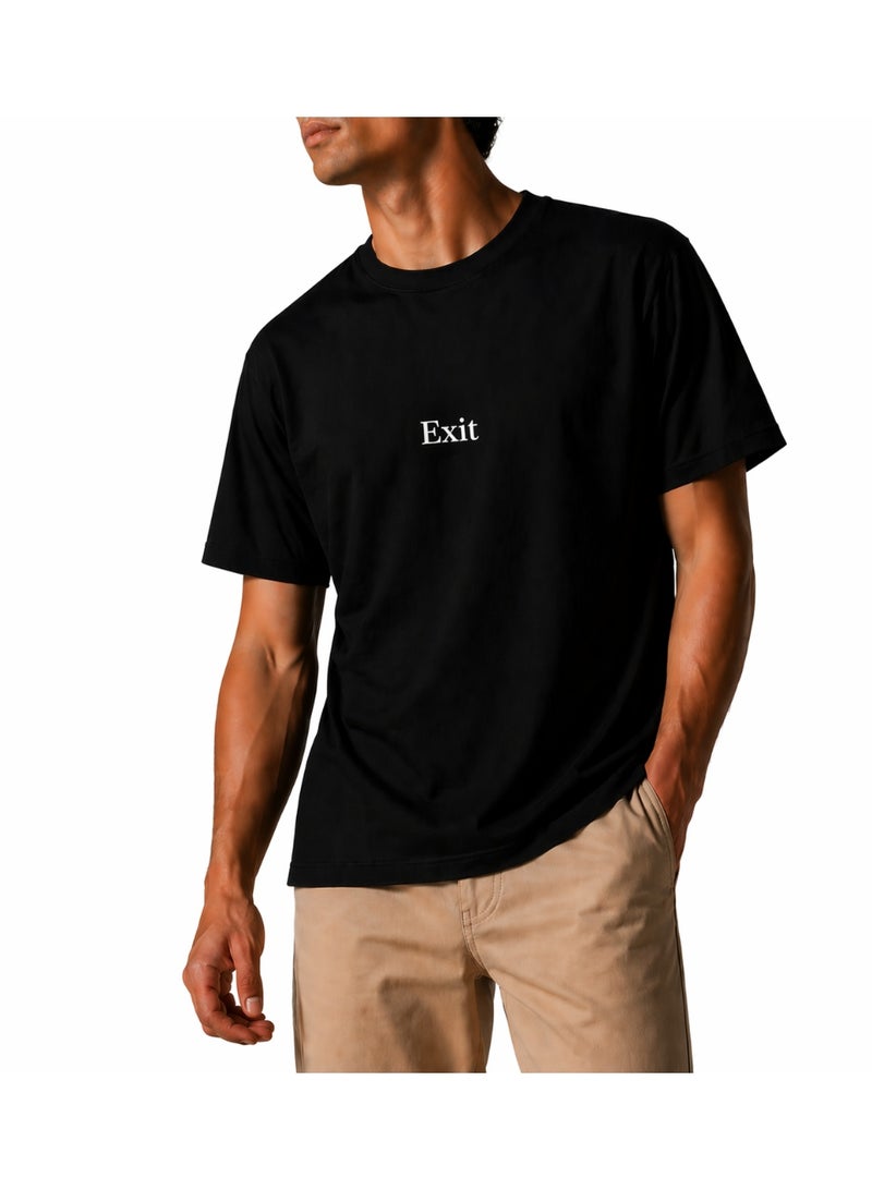 Relax Fit Cotton T-Shirt with Exit Print for Men, Black - Image 1