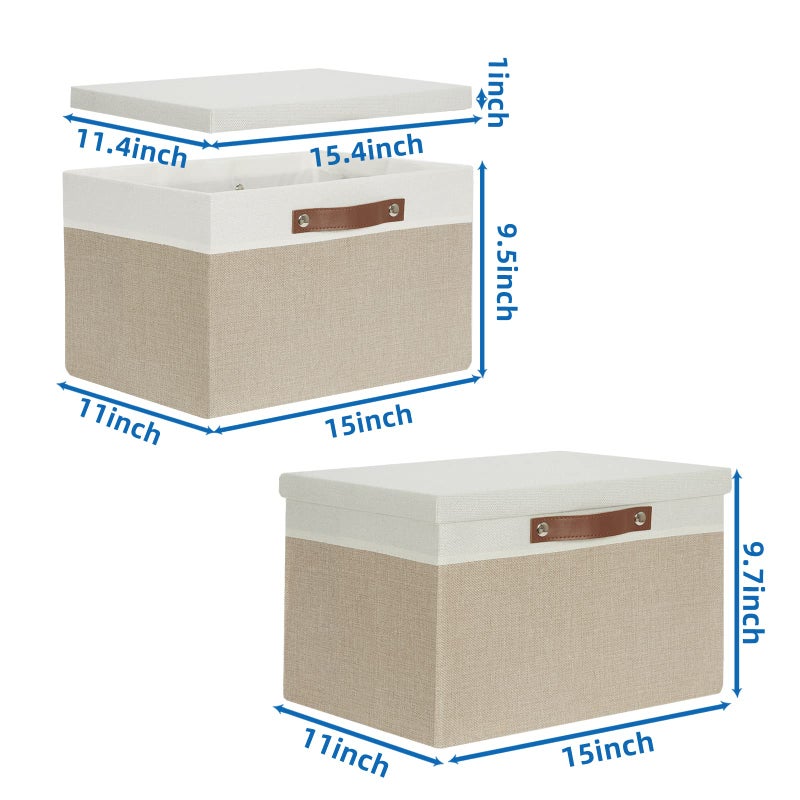 Temary Foldable Storage Bins with Lids, [2-Pack] Large Storage Baskets with Lid, Fabric Storage Bin for Organizing Home (White & Khaki, 15x11x9.5inch) - Image 4