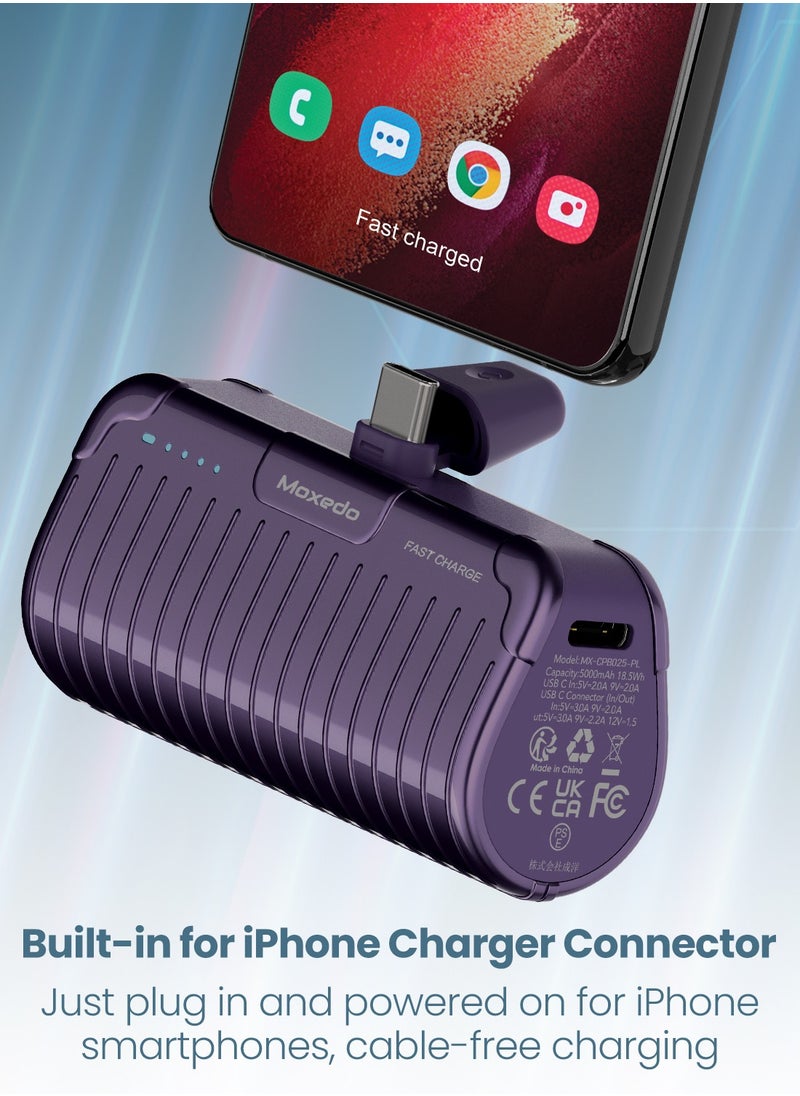 Moxedo Moxedo Capsule 5000 mAh Mini Power Bank 20W Portable Charger Built-in USB-C Connector with Kickstand Compatible for Samsung Galaxy S21 Ultra 5G S20 FE Note 20/10, iPad Pro 2018 and Mac Book (Purple)  - Image 2