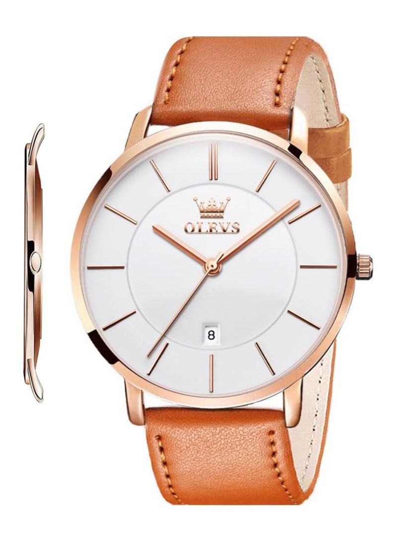 أوليفز ساعات OLEVS للرجال بسيطة للغاية ورفيعة للغاية كاجوال تناظرية كوارتز تاريخ ساعة مقاومة للماء رفيعة وبسيطة كبيرة الوجه مع سوار جلدي قديم للرجال - Image 1