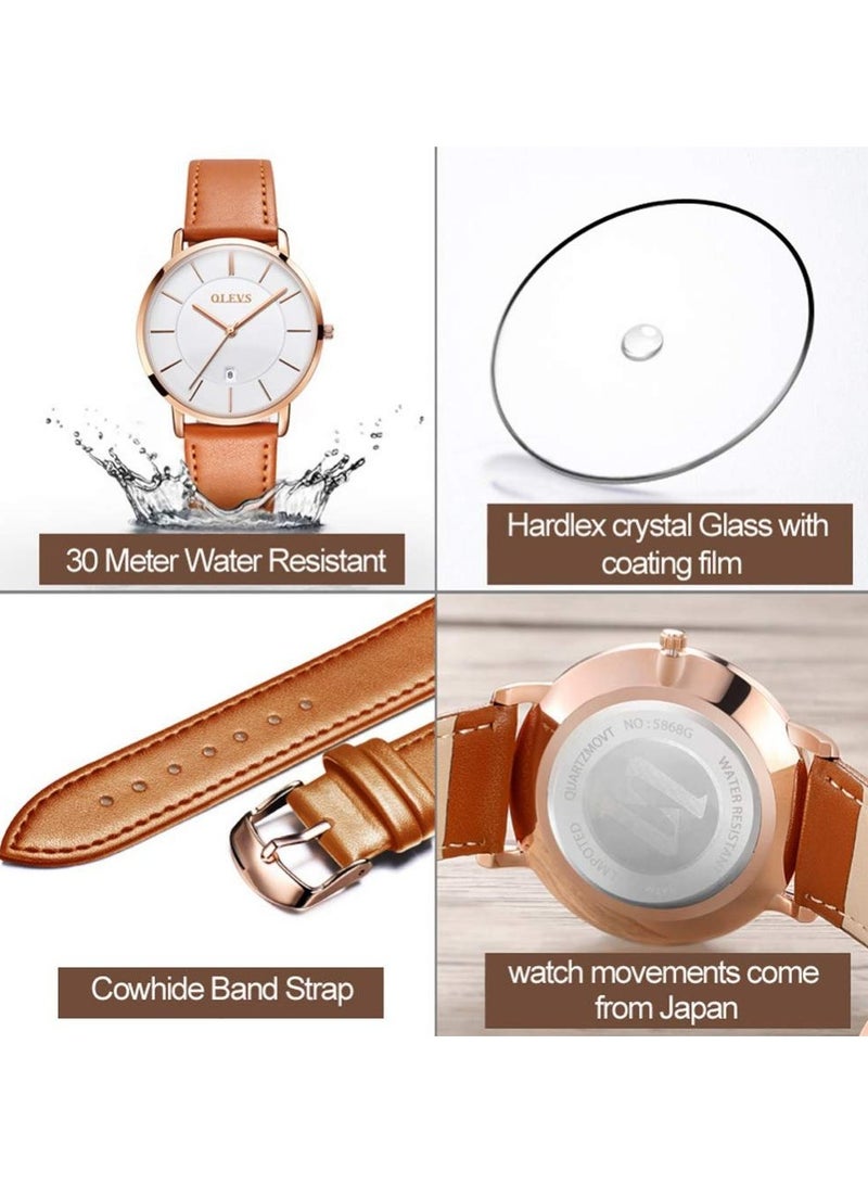 أوليفز ساعات OLEVS للرجال بسيطة للغاية ورفيعة للغاية كاجوال تناظرية كوارتز تاريخ ساعة مقاومة للماء رفيعة وبسيطة كبيرة الوجه مع سوار جلدي قديم للرجال - Image 2