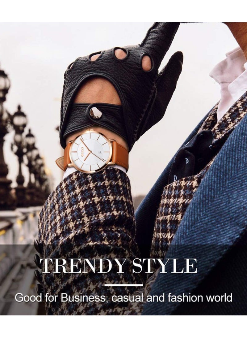 أوليفز ساعات OLEVS للرجال بسيطة للغاية ورفيعة للغاية كاجوال تناظرية كوارتز تاريخ ساعة مقاومة للماء رفيعة وبسيطة كبيرة الوجه مع سوار جلدي قديم للرجال - Image 3