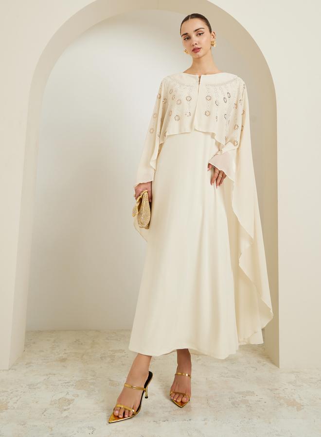 Styli Cream Embellished Cape Sleeve Kaftan Maxi Dress - Image 1