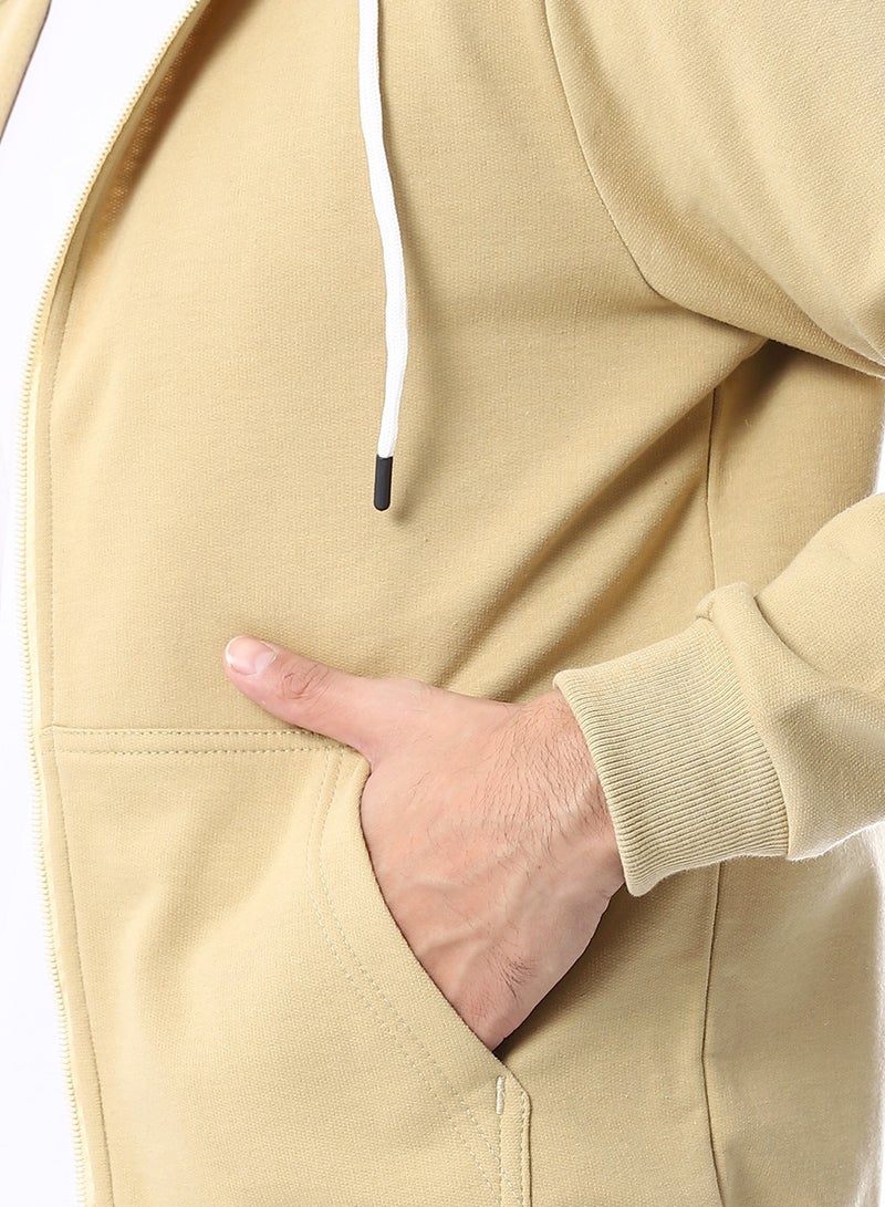 Andora Zipper Closure Hooded Fleeced Sweatshirt_Beige - Image 5