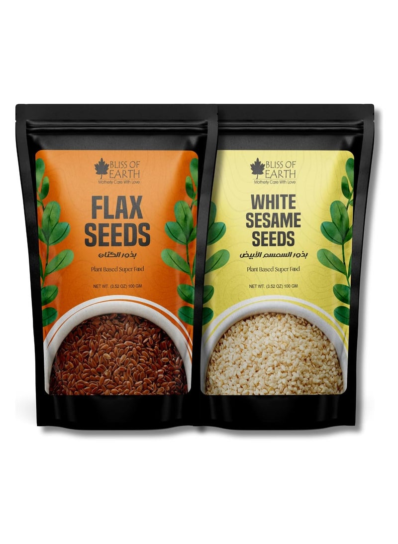 BLISS OF EARTH Raw Flax & White Sesame Seeds Combo for Weight Loss, Plant-Based Seeds for Eating, Smoothies & Baking, High Protein Superfood White Sesame & Flax Seed Fiber & Omega-3 Rich – 100g Each - Image 1