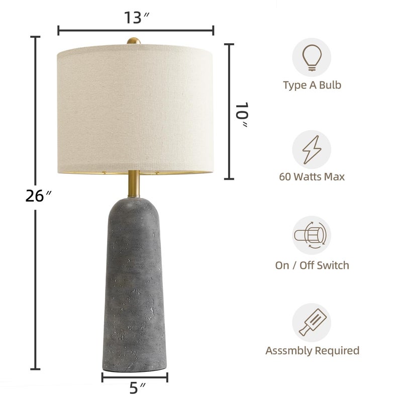 BOBOMOMO 27.25" Modern Table Lamp Set of 2, Gray Resin Lamp with Natural Stone Look, Lamps for Living Room with Linen Shades, Nightstand Lamp for Bedroom, Living Room, Entryway - Image 4