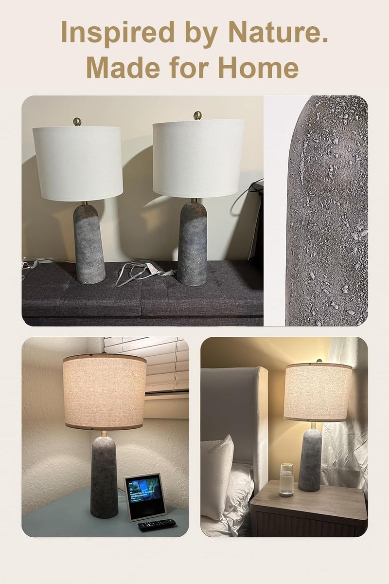 BOBOMOMO 27.25" Modern Table Lamp Set of 2, Gray Resin Lamp with Natural Stone Look, Lamps for Living Room with Linen Shades, Nightstand Lamp for Bedroom, Living Room, Entryway - Image 2