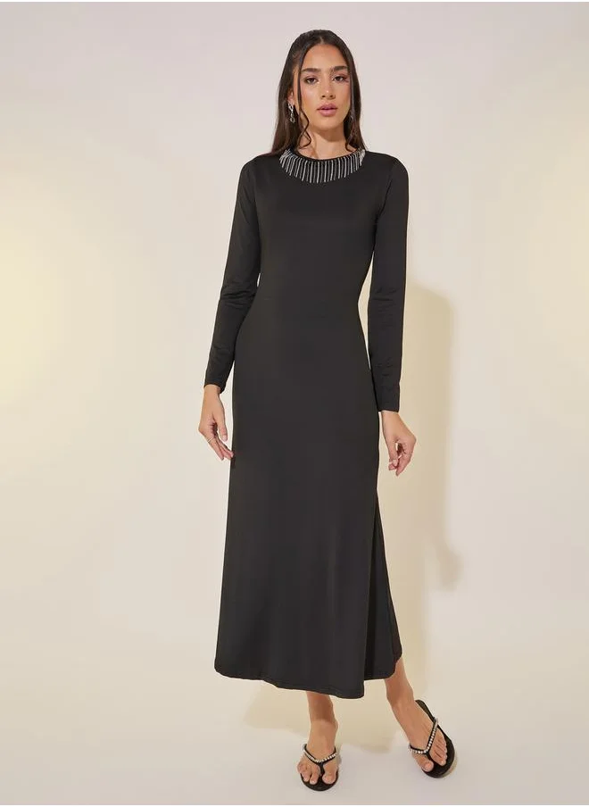 ستايلي Embellished Neckline Long Sleeve A-Line Midi Dress