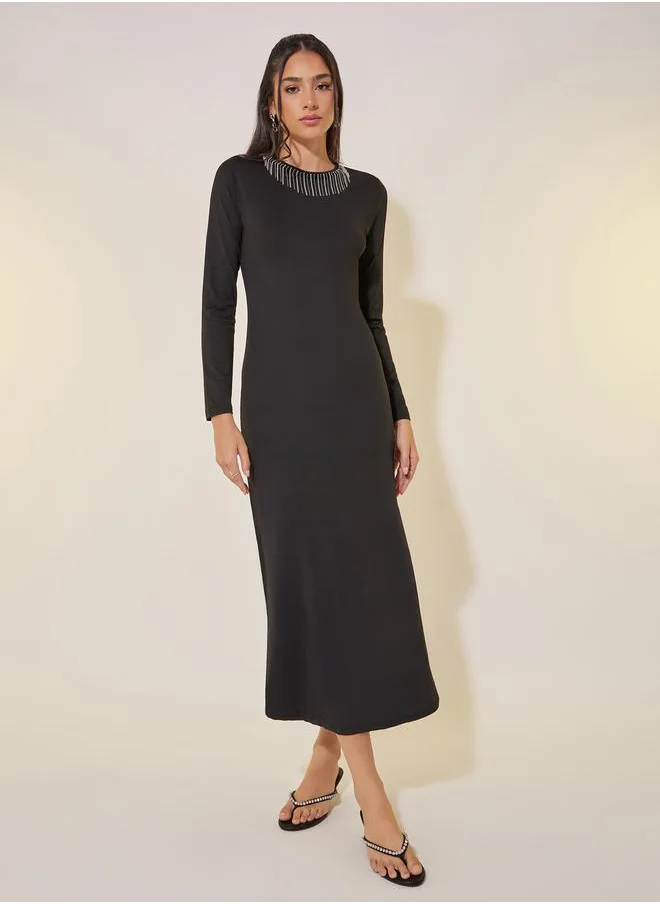 ستايلي Embellished Neckline Long Sleeve A-Line Midi Dress