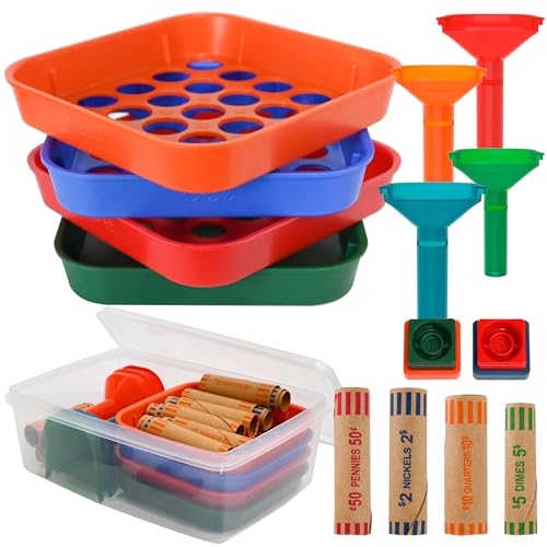 ESSENTIAL Coin Sorter Trays & Coin Counter Tubes, Coin Roller Crimping Tool with 60 Pcs Assorted Preformed Coin Wrapper Rolls - Image 1