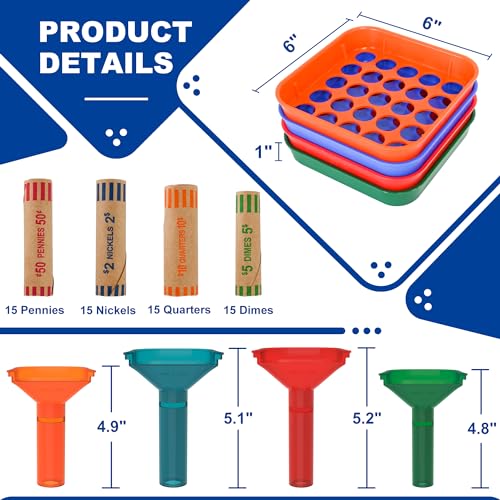 ESSENTIAL Coin Sorter Trays & Coin Counter Tubes, Coin Roller Crimping Tool with 60 Pcs Assorted Preformed Coin Wrapper Rolls - Image 4