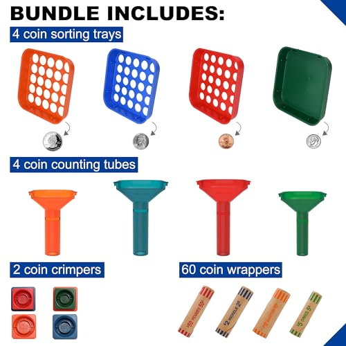ESSENTIAL Coin Sorter Trays & Coin Counter Tubes, Coin Roller Crimping Tool with 60 Pcs Assorted Preformed Coin Wrapper Rolls - Image 3