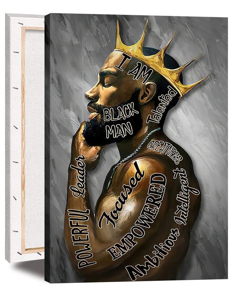 AKOTAC Framed African American Wall Art Man Portrait Wall Art Inspirational Black Man Motivational Quotes Afro King Poster Abstract Canvas Prints Painting Home Decor for Bedroom Living Room Ready to Hang - Image 1