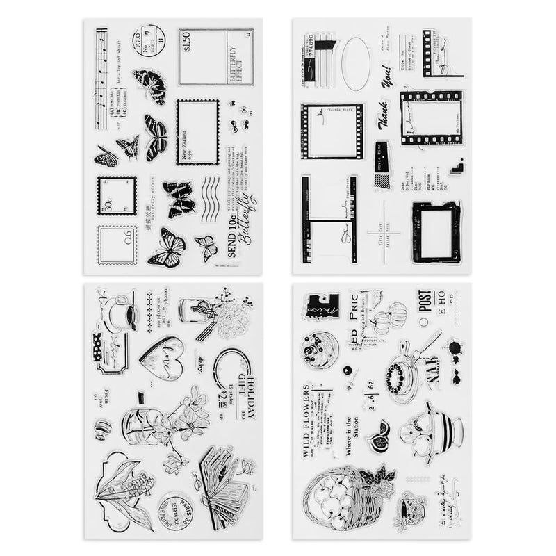 Modixun 4 Themes 60Pcs Clear Stamps Retro Rubber Clear Stamp Transparent Silicone Stamps Seal for DIY Scrapbooking Card Making Decoration Style D