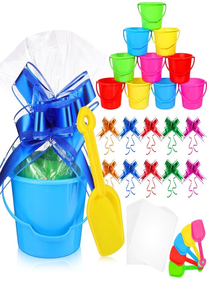 Sratte 20 Pcs Sand Buckets and Shovels Set for Kids, Buckets Travel Sand Toys, Plastic Beach Pails Toys, with Clear Treat Bags and Pull Bows, for Girls Boys Gift Summer Party Favor - Image 1