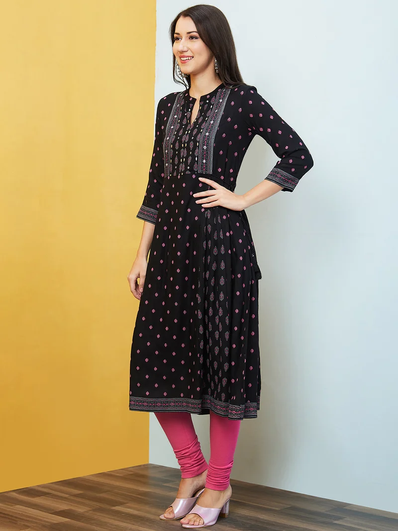 globus Women Ethnic Motif Printed Mirror Work Anarkali Kurta