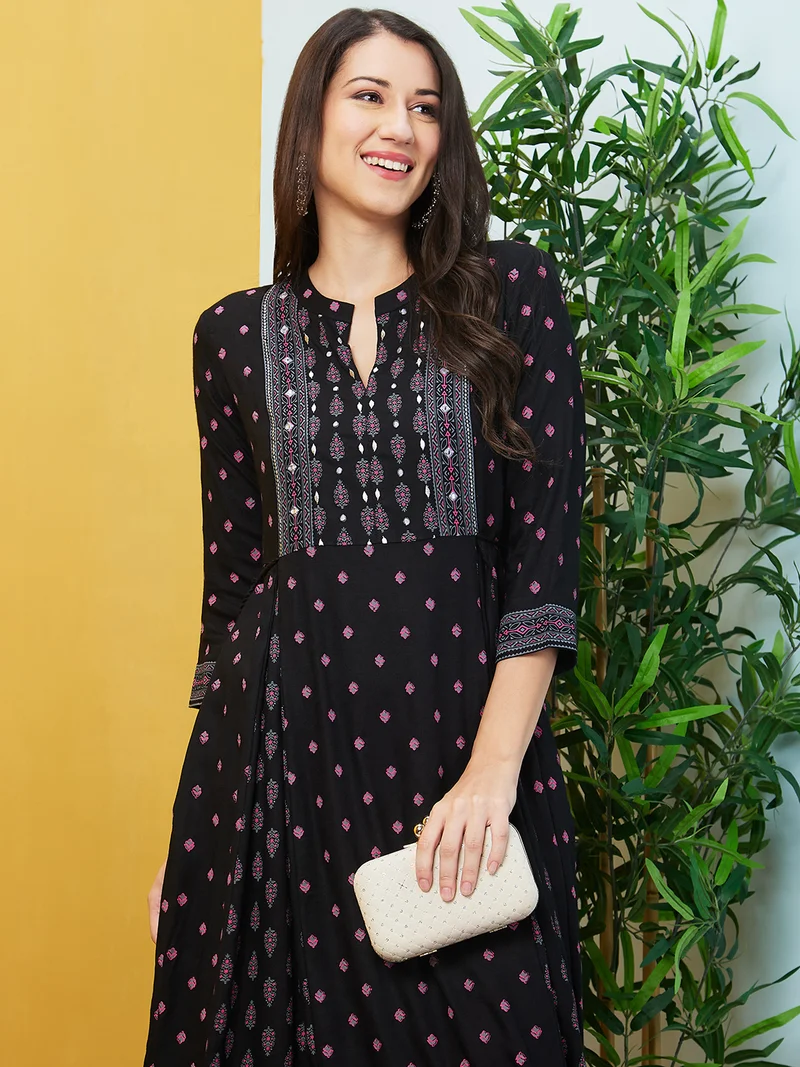 globus Women Ethnic Motif Printed Mirror Work Anarkali Kurta