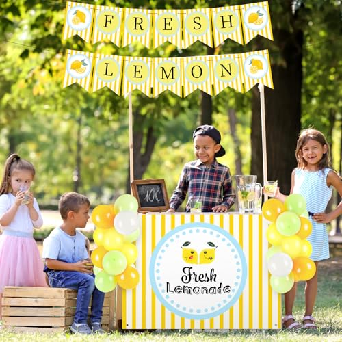 RoundFunny 43 Pcs Lemonade Stand Supplies 45 x 31 Inch Tablecloth, 2 Fresh Lemon Garland, 40 Latex Balloons for Fresh Squeezed Lemonade Stand Decorations Kit Summer Lemon Birthday Party(Check) - Image 4