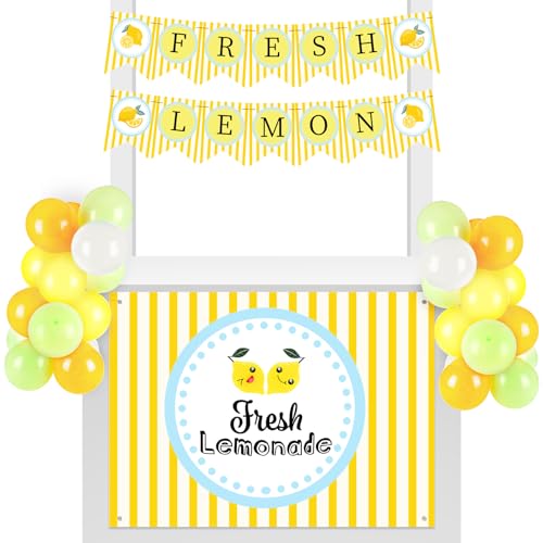 RoundFunny 43 Pcs Lemonade Stand Supplies 45 x 31 Inch Tablecloth, 2 Fresh Lemon Garland, 40 Latex Balloons for Fresh Squeezed Lemonade Stand Decorations Kit Summer Lemon Birthday Party(Check) - Image 1