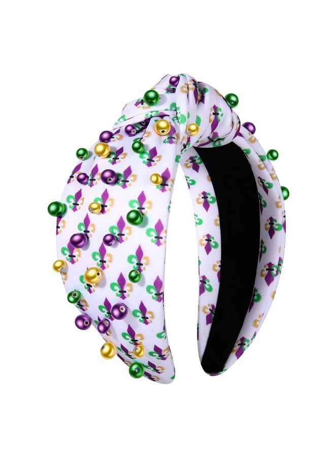 PHALIN - Mardi Gras Headband For Women Mardi Gras Carnival Accessories Crown Fleur De Lis Mask Headband Jeweled Rhinestone Pearl Knotted Headband Fat Tuesday Parade Party Favors Gifts (Style B) - Image 1