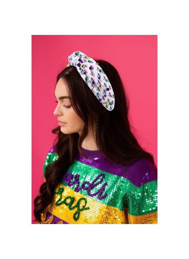 PHALIN - Mardi Gras Headband For Women Mardi Gras Carnival Accessories Crown Fleur De Lis Mask Headband Jeweled Rhinestone Pearl Knotted Headband Fat Tuesday Parade Party Favors Gifts (Style B) - Image 1