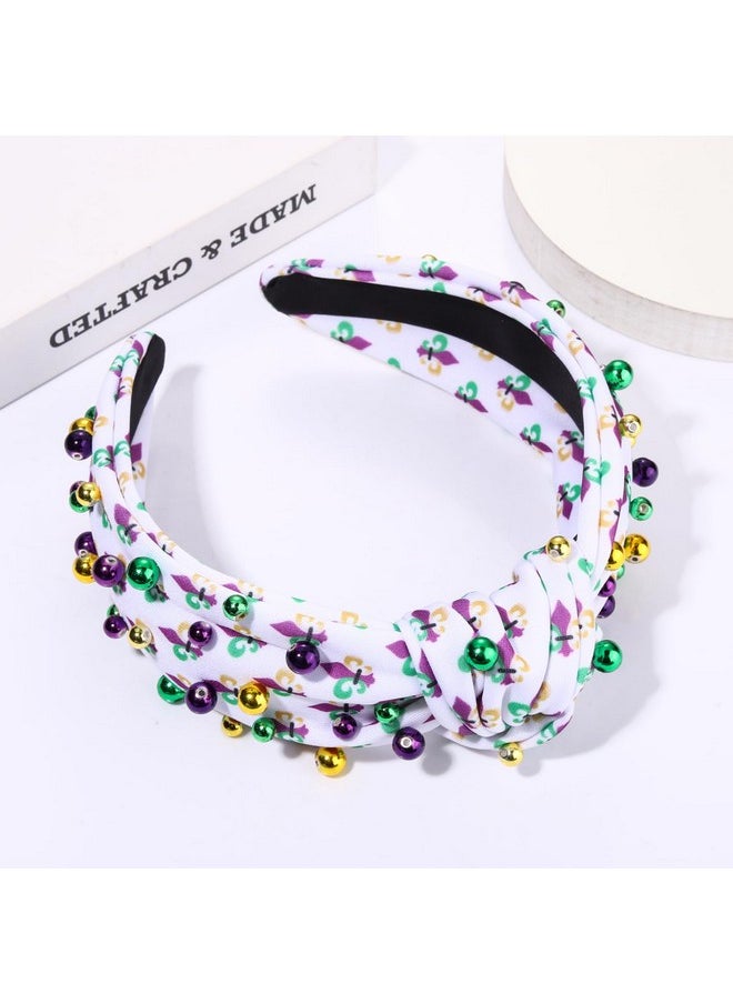 PHALIN - Mardi Gras Headband For Women Mardi Gras Carnival Accessories Crown Fleur De Lis Mask Headband Jeweled Rhinestone Pearl Knotted Headband Fat Tuesday Parade Party Favors Gifts (Style B) - Image 1