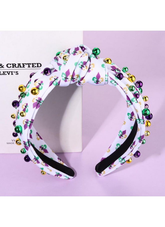 PHALIN - Mardi Gras Headband For Women Mardi Gras Carnival Accessories Crown Fleur De Lis Mask Headband Jeweled Rhinestone Pearl Knotted Headband Fat Tuesday Parade Party Favors Gifts (Style B) - Image 1