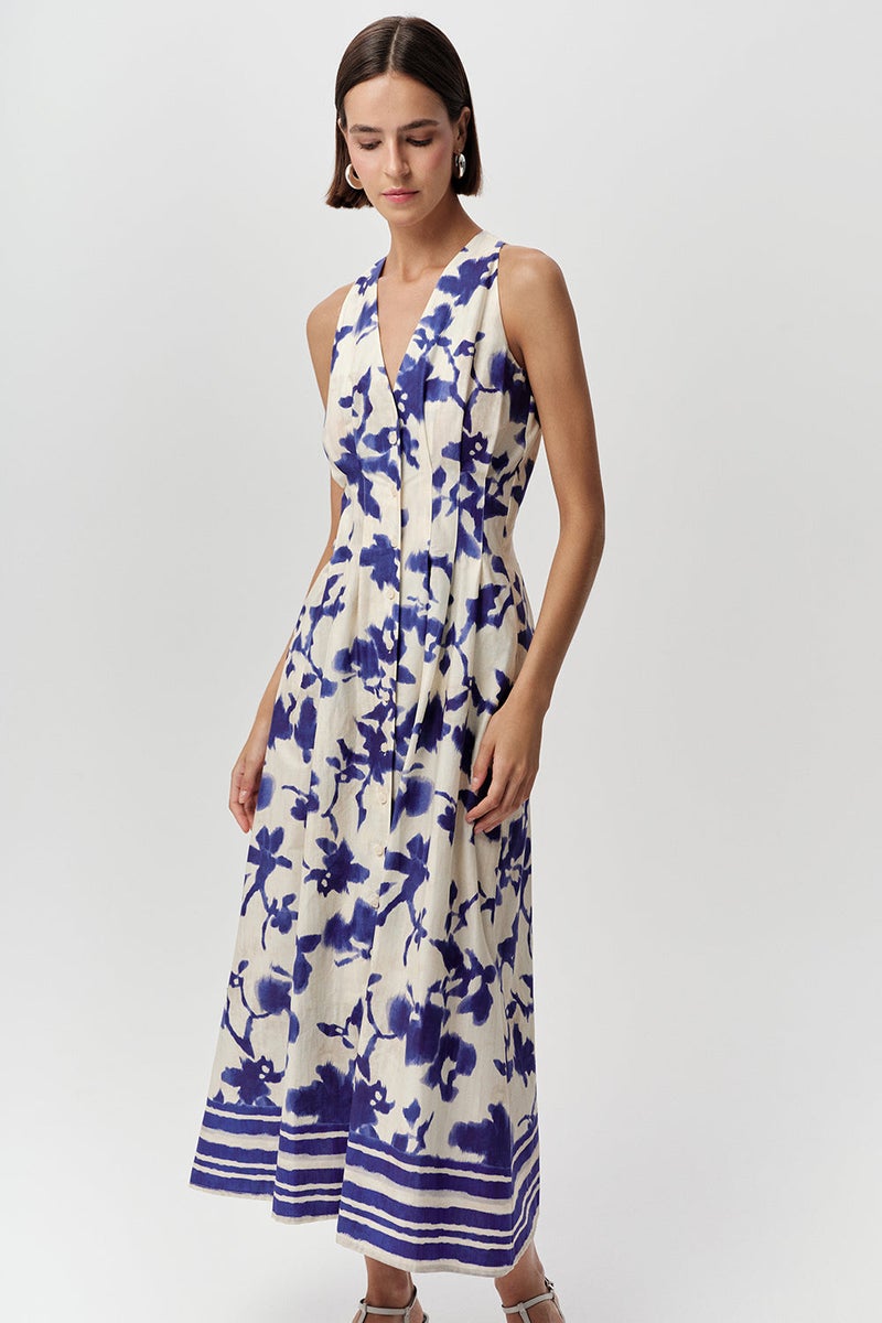 EXQUISE V-Neck Sleeveless Pocketed Buttoned Regular Midi Dress in Teal/Bone Color - Image 5
