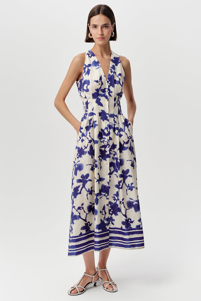 EXQUISE V-Neck Sleeveless Pocketed Buttoned Regular Midi Dress in Teal/Bone Color - Image 1
