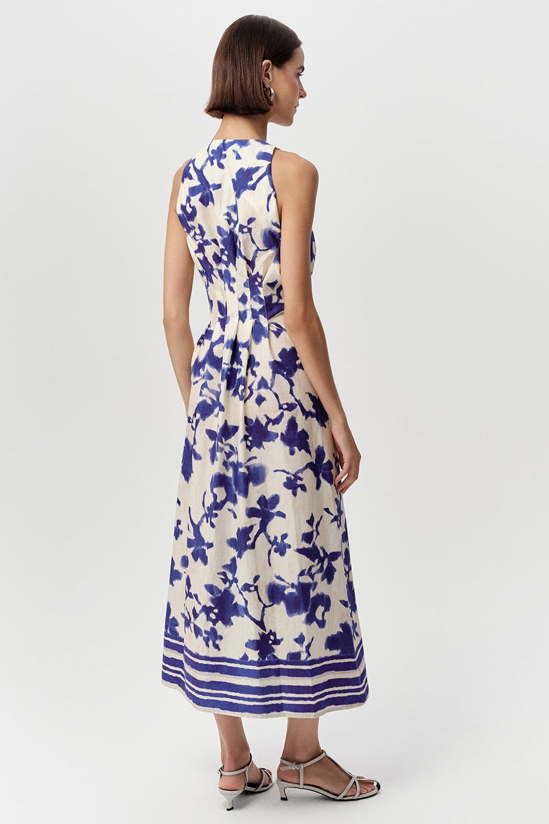 EXQUISE V-Neck Sleeveless Pocketed Buttoned Regular Midi Dress in Teal/Bone Color - Image 4