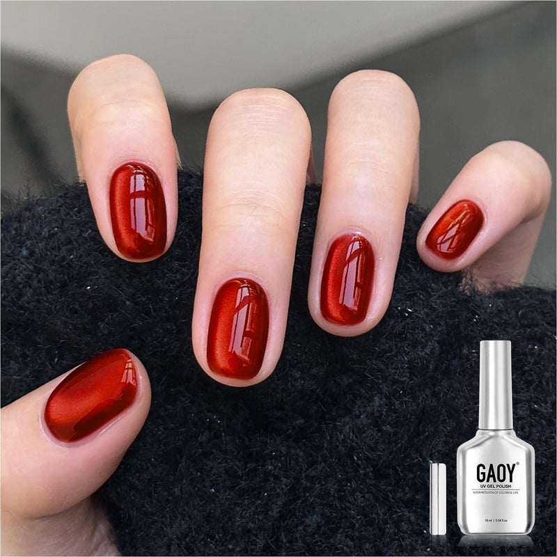 GAOY Glassy Cat Eye Gel Nail Polish, 16ml Glitter Holographic Nail Polish with Magnet, Reflective Translucent UV Gel, 2221 Blood Red - Image 1