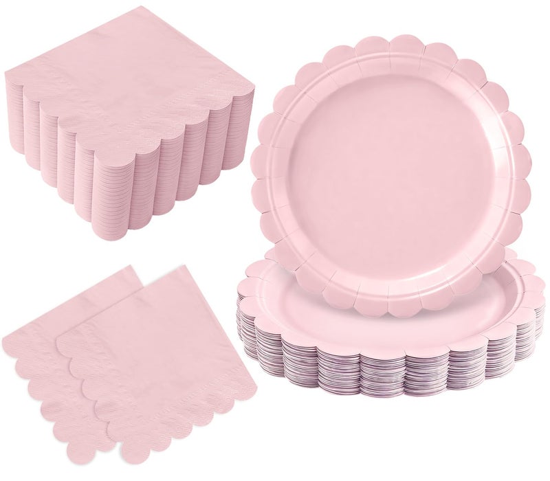 Oigco 50 Pcs Pink Plates and Napkins, Disposable Light Pink Scalloped Paper Plates & Napkins for Wedding Bridal Shower Birthday Baby Shower, Serves 25 - Image 1