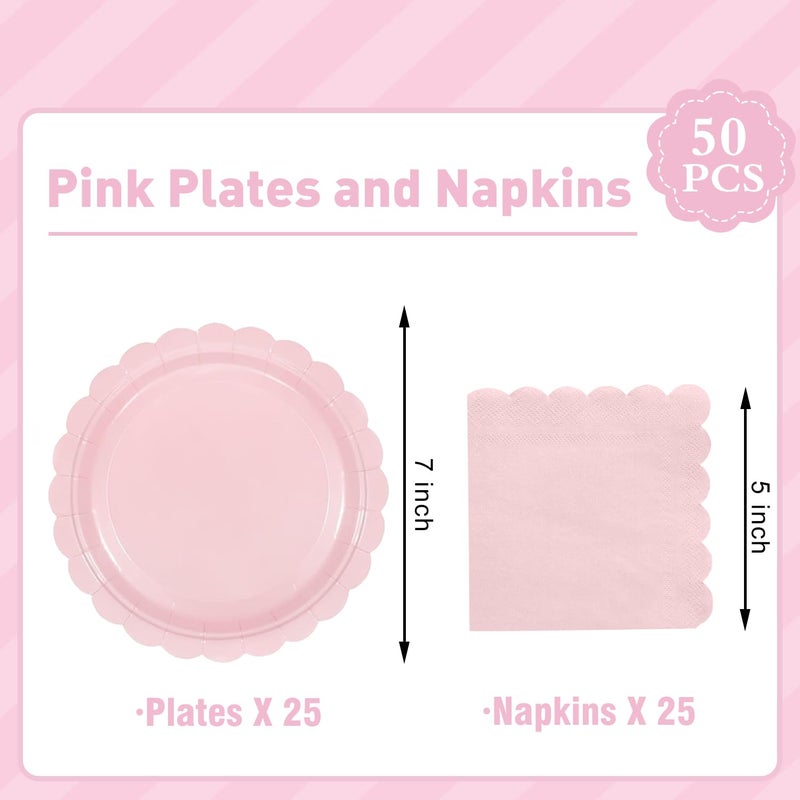 Oigco 50 Pcs Pink Plates and Napkins, Disposable Light Pink Scalloped Paper Plates & Napkins for Wedding Bridal Shower Birthday Baby Shower, Serves 25 - Image 2