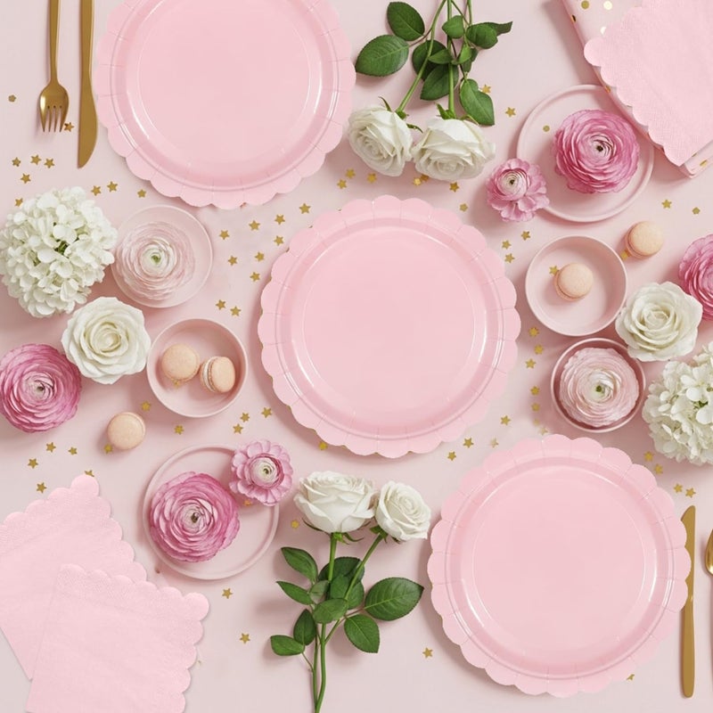 Oigco 50 Pcs Pink Plates and Napkins, Disposable Light Pink Scalloped Paper Plates & Napkins for Wedding Bridal Shower Birthday Baby Shower, Serves 25 - Image 4