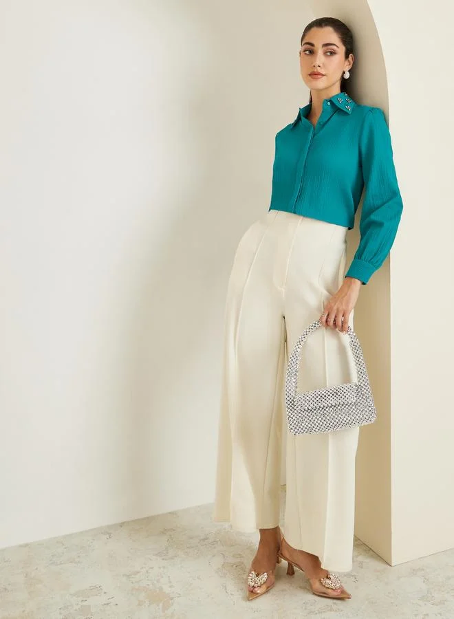 Styli Women Teal Embellished Collar Crepe Shirt