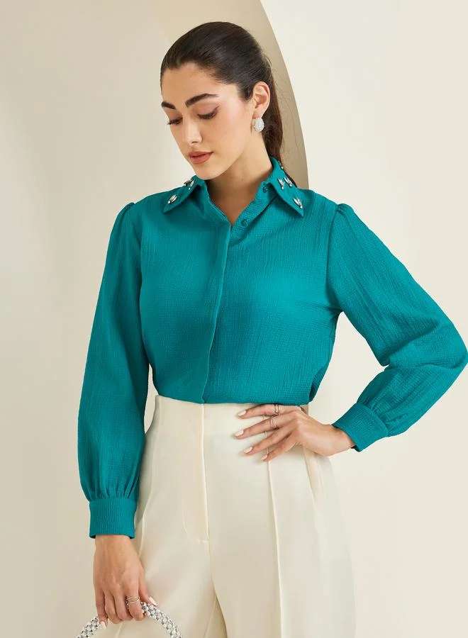 Styli Women Teal Embellished Collar Crepe Shirt