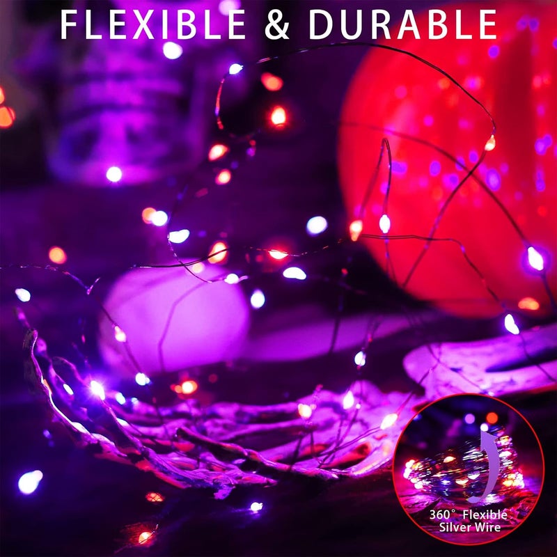 YAOZHOU Halloween Decorations Outdoor Lights, Solar String Lights Purple Orange IP67 Waterproof 2 Pack Total 200 LED 66FT 8 Modes Fairy Lights, Outside Fall Decor for Tree, Garden, Patio, Fence, Lawn - Image 2