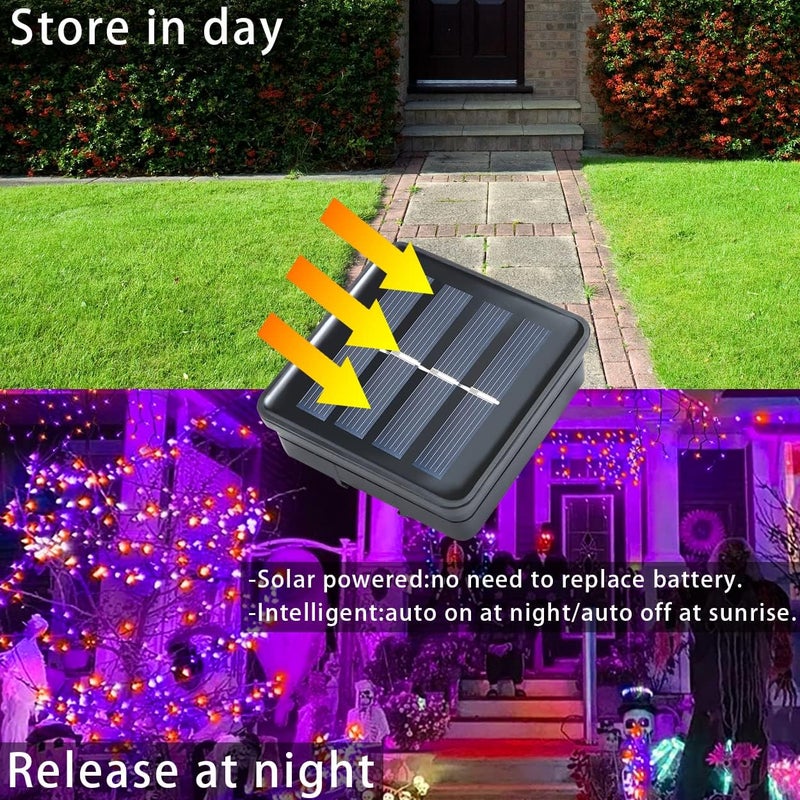 YAOZHOU Halloween Decorations Outdoor Lights, Solar String Lights Purple Orange IP67 Waterproof 2 Pack Total 200 LED 66FT 8 Modes Fairy Lights, Outside Fall Decor for Tree, Garden, Patio, Fence, Lawn - Image 5