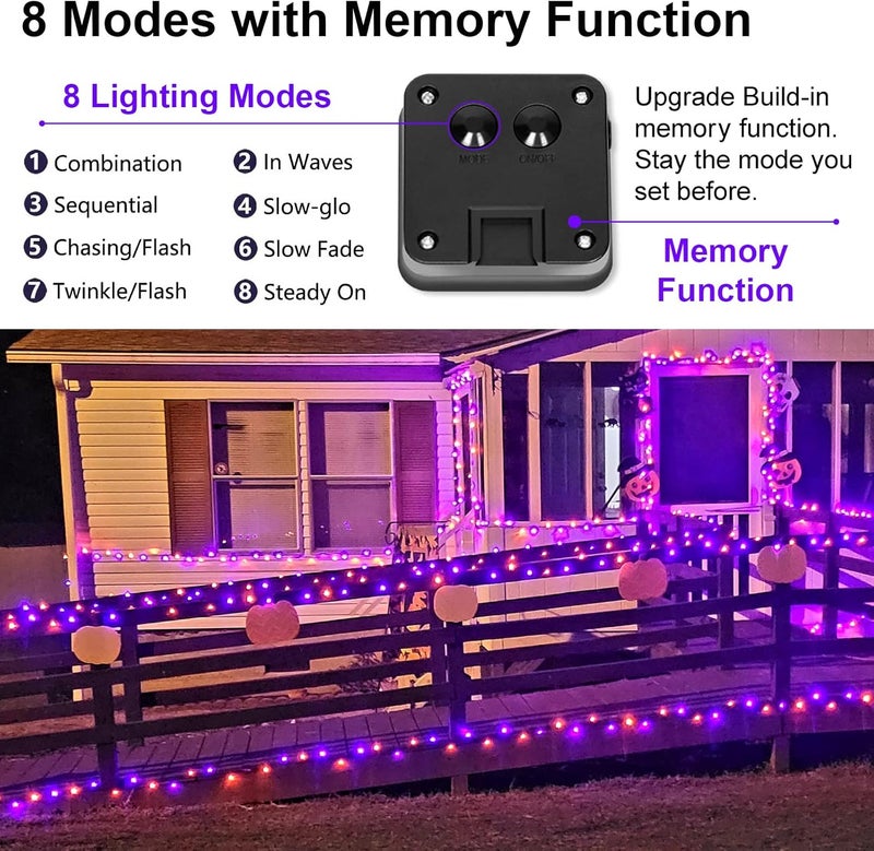YAOZHOU Halloween Decorations Outdoor Lights, Solar String Lights Purple Orange IP67 Waterproof 2 Pack Total 200 LED 66FT 8 Modes Fairy Lights, Outside Fall Decor for Tree, Garden, Patio, Fence, Lawn - Image 4