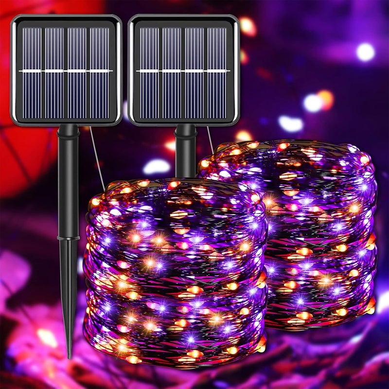 YAOZHOU Halloween Decorations Outdoor Lights, Solar String Lights Purple Orange IP67 Waterproof 2 Pack Total 200 LED 66FT 8 Modes Fairy Lights, Outside Fall Decor for Tree, Garden, Patio, Fence, Lawn - Image 1